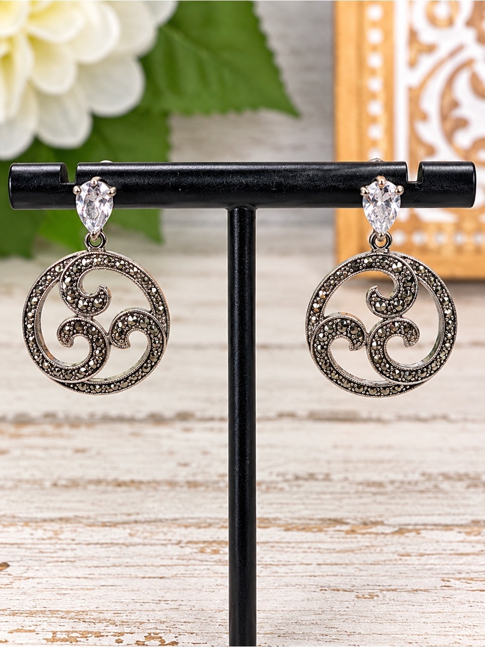 Vintage Sterling Silver Marcasite Swirl Drop Dangle Earrings